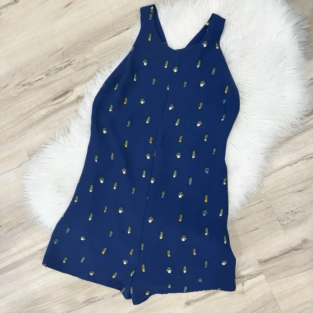 Zara Navy Cactus Print Criss Cross Back Shorts Romper Medium 13-3029 - Picture 1 of 8